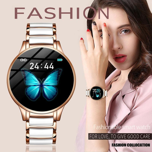 Stevvex ceramic smart fitness watch for women with steel band, heart rate and blood pressure monitor, compatible with Android and iOS