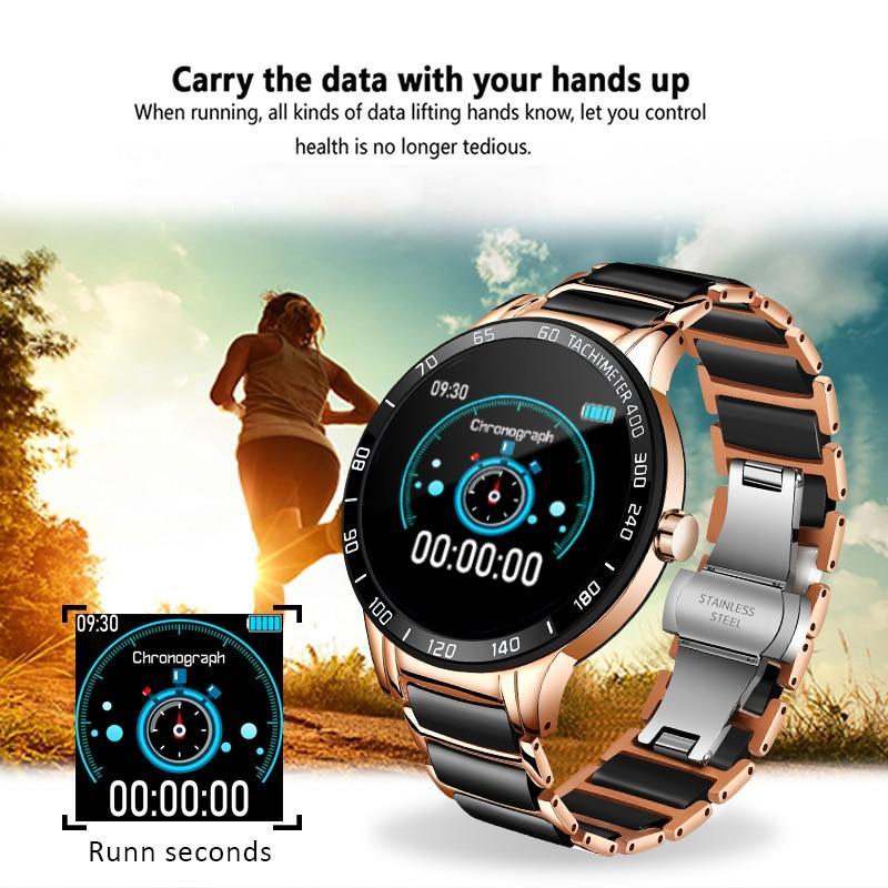 Stevvex luxury ceramic unisex smart watch with heart rate monitor, blood pressure tracker, sport design, waterproof, and fitness features.