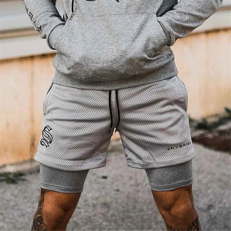 Men's THRIXINE 2-in-1 camo mesh running gym shorts with breathable fabric and adjustable waistband.