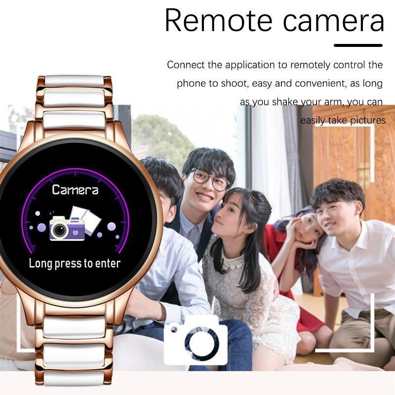 Stevvex ceramic smart fitness watch for women with steel belt, heart rate and blood pressure monitor, compatible with Android and iOS.