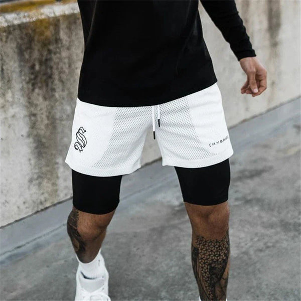 Men's THRIXINE 2-in-1 camo mesh running gym shorts, lightweight athletic shorts with adjustable waistband and sporty camo design.
