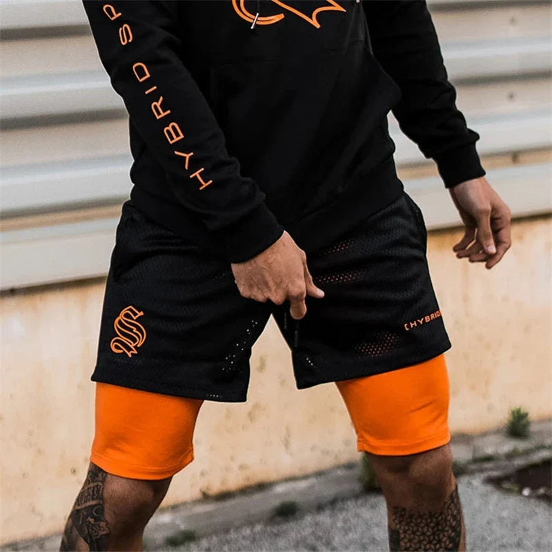 Men's 2-in-1 camo mesh running gym shorts by THRIXINE, featuring lightweight fabric and adjustable waistband for active wear.