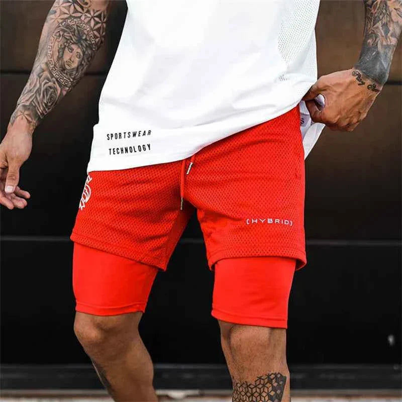 Men's 2-in-1 camo mesh running gym shorts by THRIXINE, featuring breathable fabric and a comfortable fit for active wear.