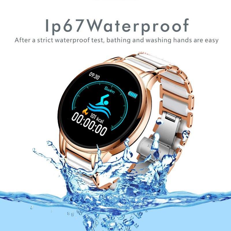 Stevvex ceramic smart fitness watch for women with steel band, heart rate and blood pressure monitor, compatible with Android and iOS.