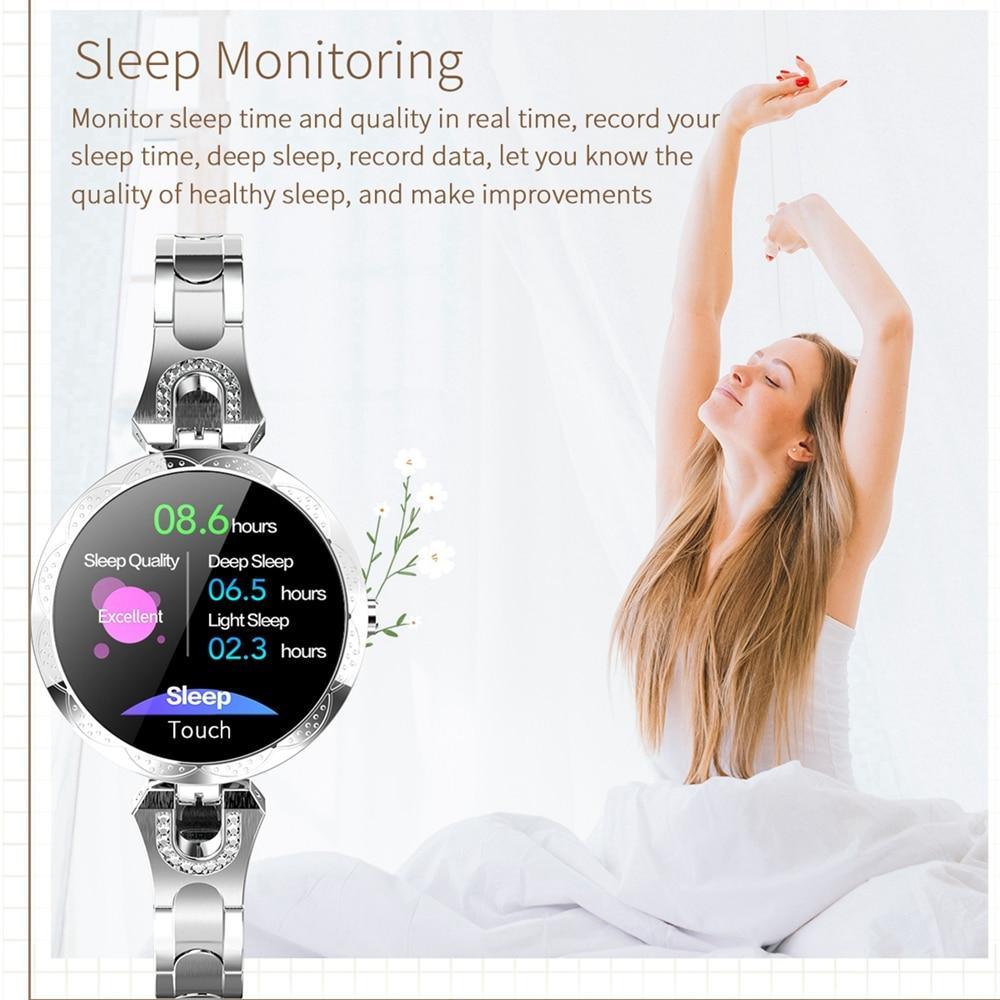 Stevvex women's waterproof smart watch with heart rate monitor and fitness tracking, shown on a woman's wrist.