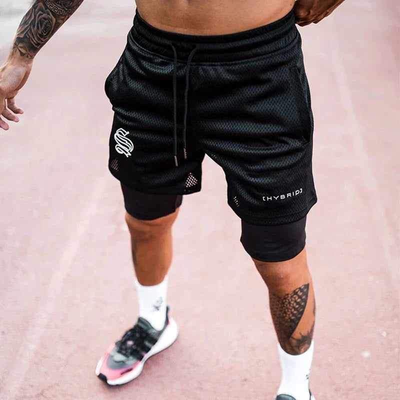 Men's THRIXINE 2-in-1 camo mesh running gym shorts, lightweight athletic shorts with camouflage pattern and breathable mesh fabric.
