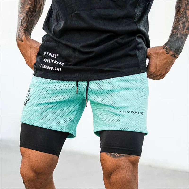 Men's 2-in-1 camo mesh running gym shorts by THRIXINE, featuring breathable fabric and sporty design for active wear.