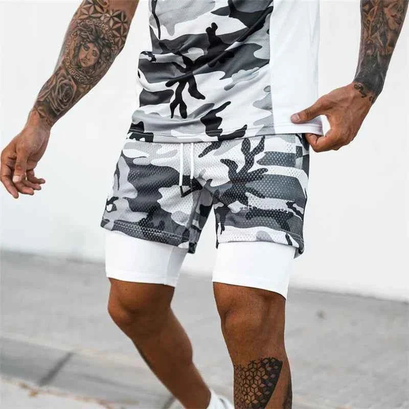 Men's THRIXINE 2-in-1 camo mesh running gym shorts, lightweight athletic mens shorts with camo pattern and breathable fabric.