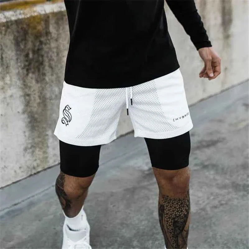 Men's 2-in-1 camo mesh running gym shorts by THRIXINE, featuring lightweight fabric and sporty design for active wear.