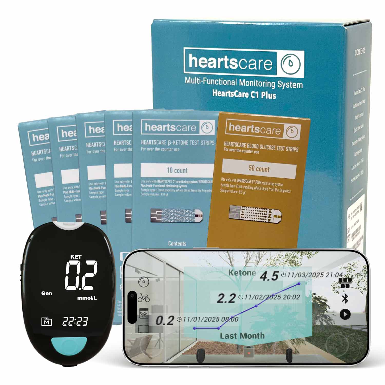 HeartsCare C1 Plus glucose and ketone meter testing kit with 50 glucose and 50 ketone test strips, branded by Hearts Bio, Inc.