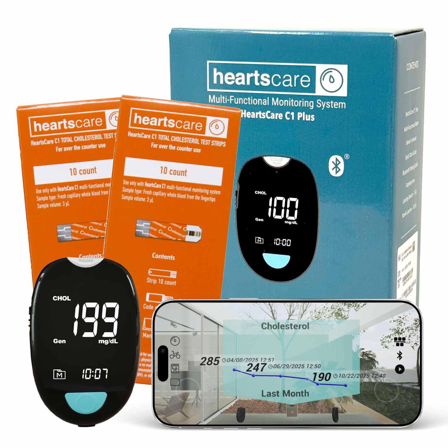 HeartsCare C1 Plus cholesterol meter test kit with 20 strips from Hearts Bio, Inc., showing the device and testing strips.