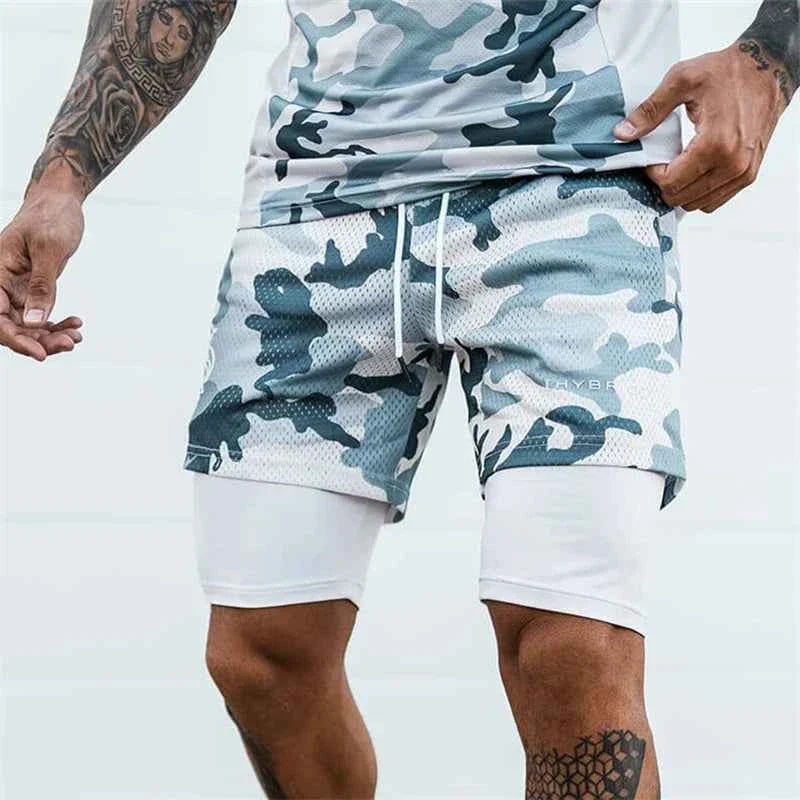 Men's 2-in-1 camo mesh running gym shorts by THRIXINE, featuring a lightweight design with camo pattern and breathable mesh fabric.