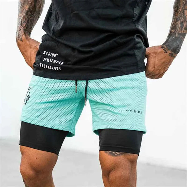 Men's 2-in-1 camo mesh running gym shorts by THRIXINE, featuring lightweight fabric and adjustable waistband.