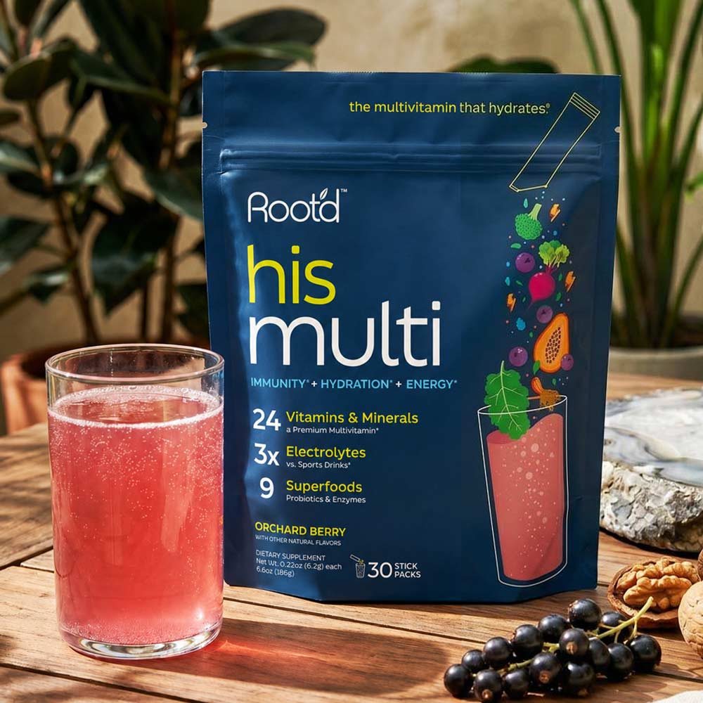 Root'd Advanced Daily Nutrition men's electrolyte supplement, featuring a hero-themed design on the packaging.