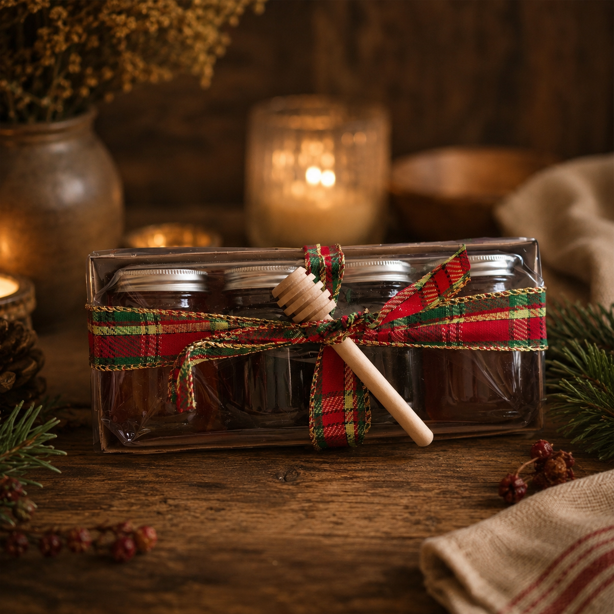 Assorted honey jars in a holiday tasting flight box from Inspira Homestead, showcasing different honey varieties for sampling.