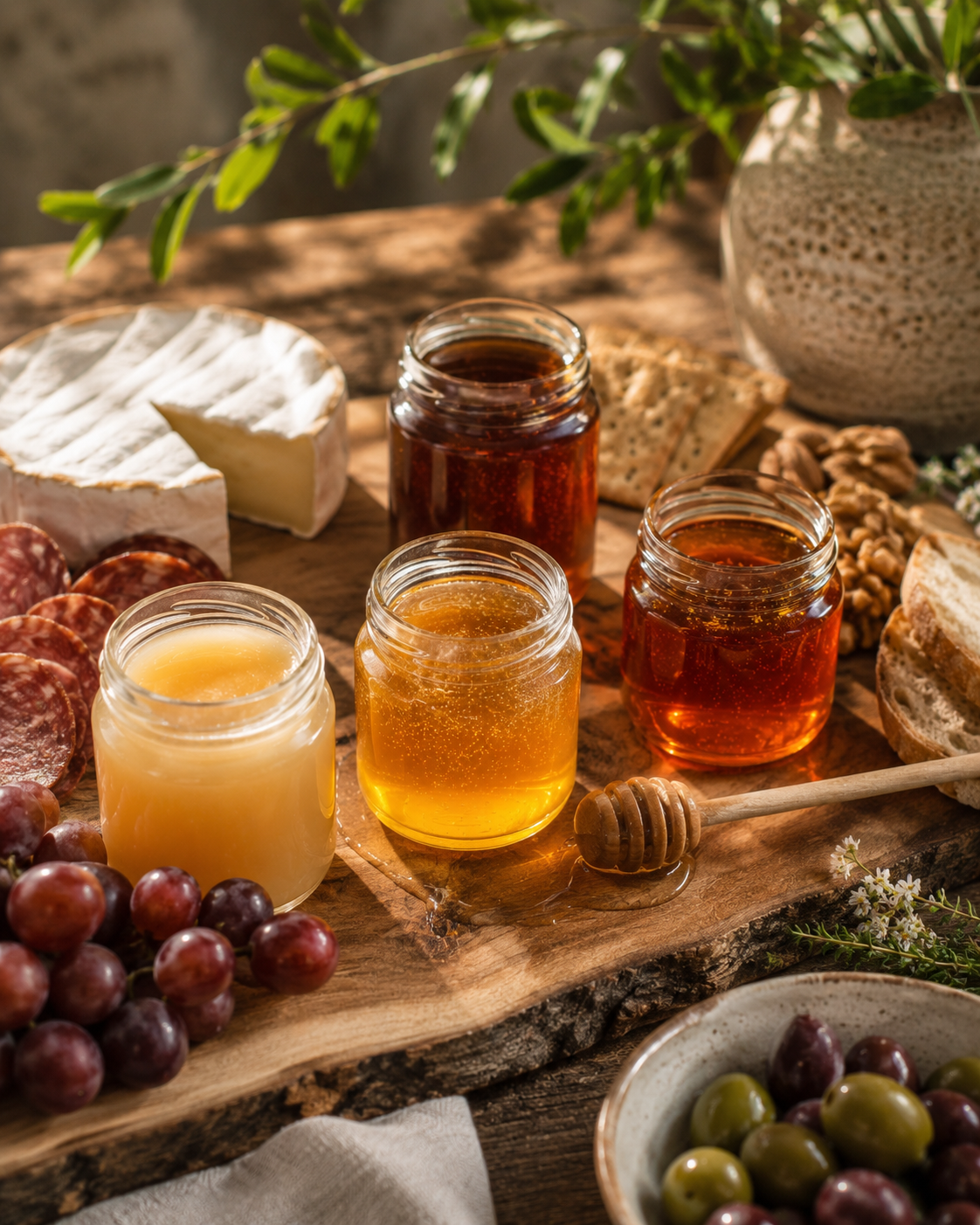 Honey tasting flight from Inspira Homestead displayed on a cheese board with small honey jars and tasting spoons.