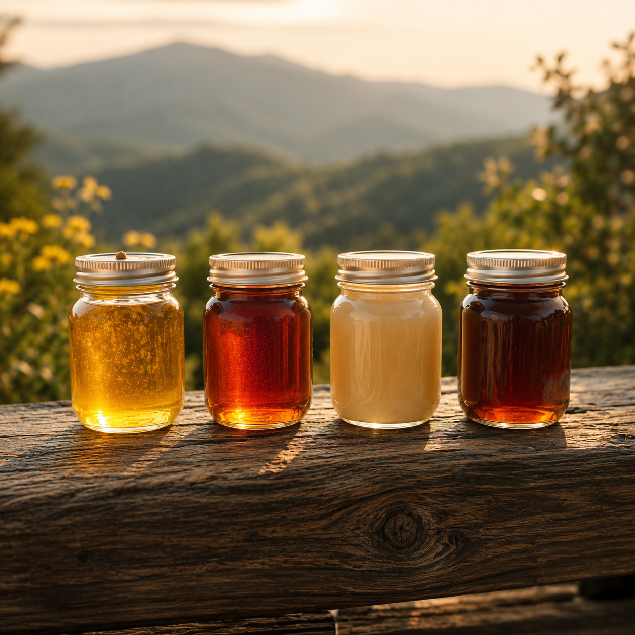 Honey tasting flight from Inspira Homestead displayed on a wooden rail, featuring small jars of different honey varieties.