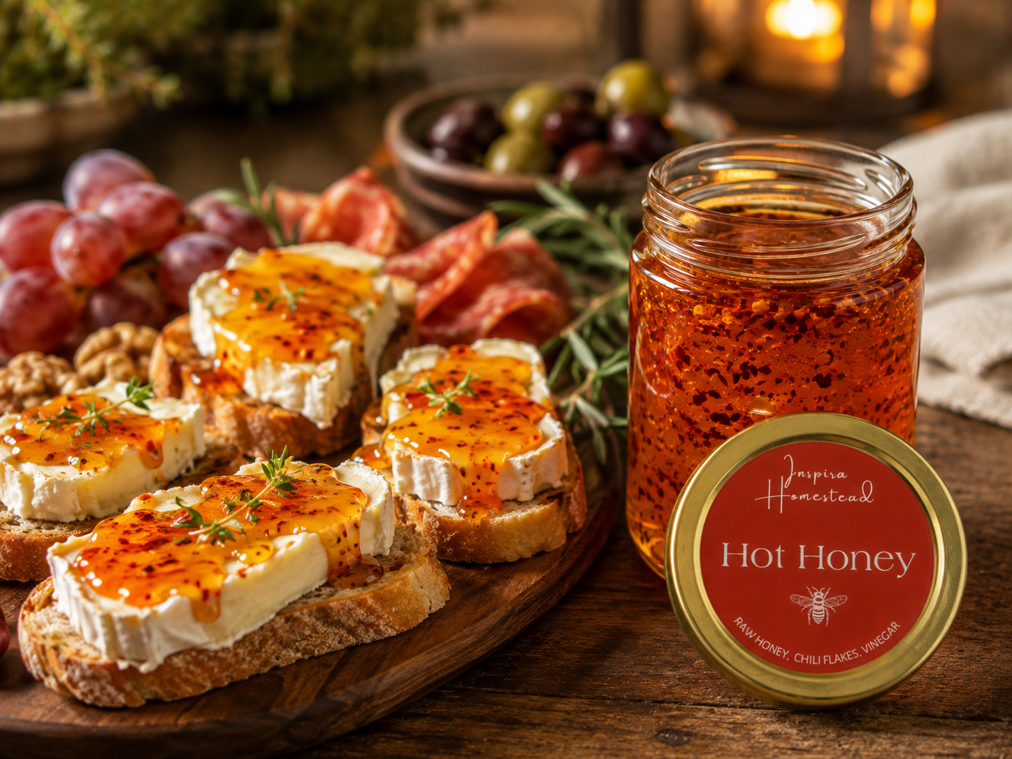 Spoonful of Inspira Homestead hot honey drizzled on food, showcasing the spicy sweet condiment in a glass jar.