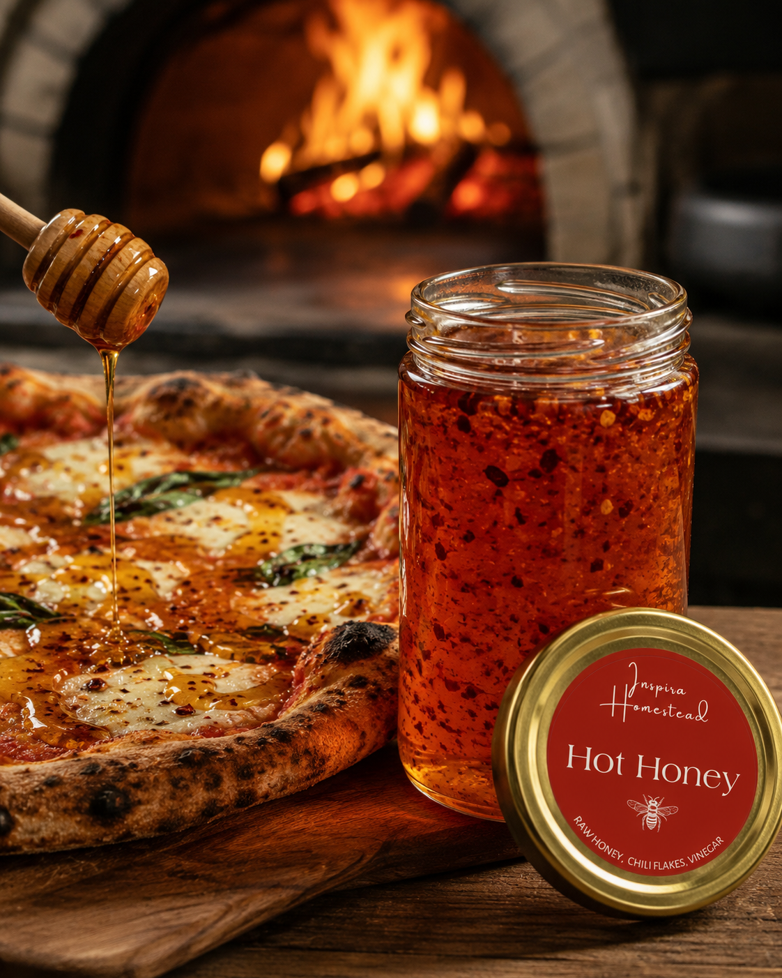 Spicy hot honey drizzled over a pizza with cheese, pepperoni, and fresh herbs on a wooden surface.