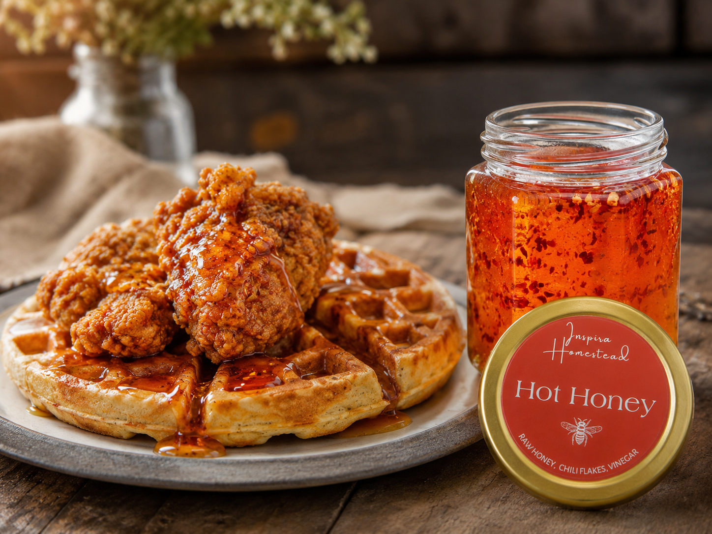 Sweet waffles drizzled with spicy hot honey from Inspira Homestead, showcasing a delicious breakfast treat.