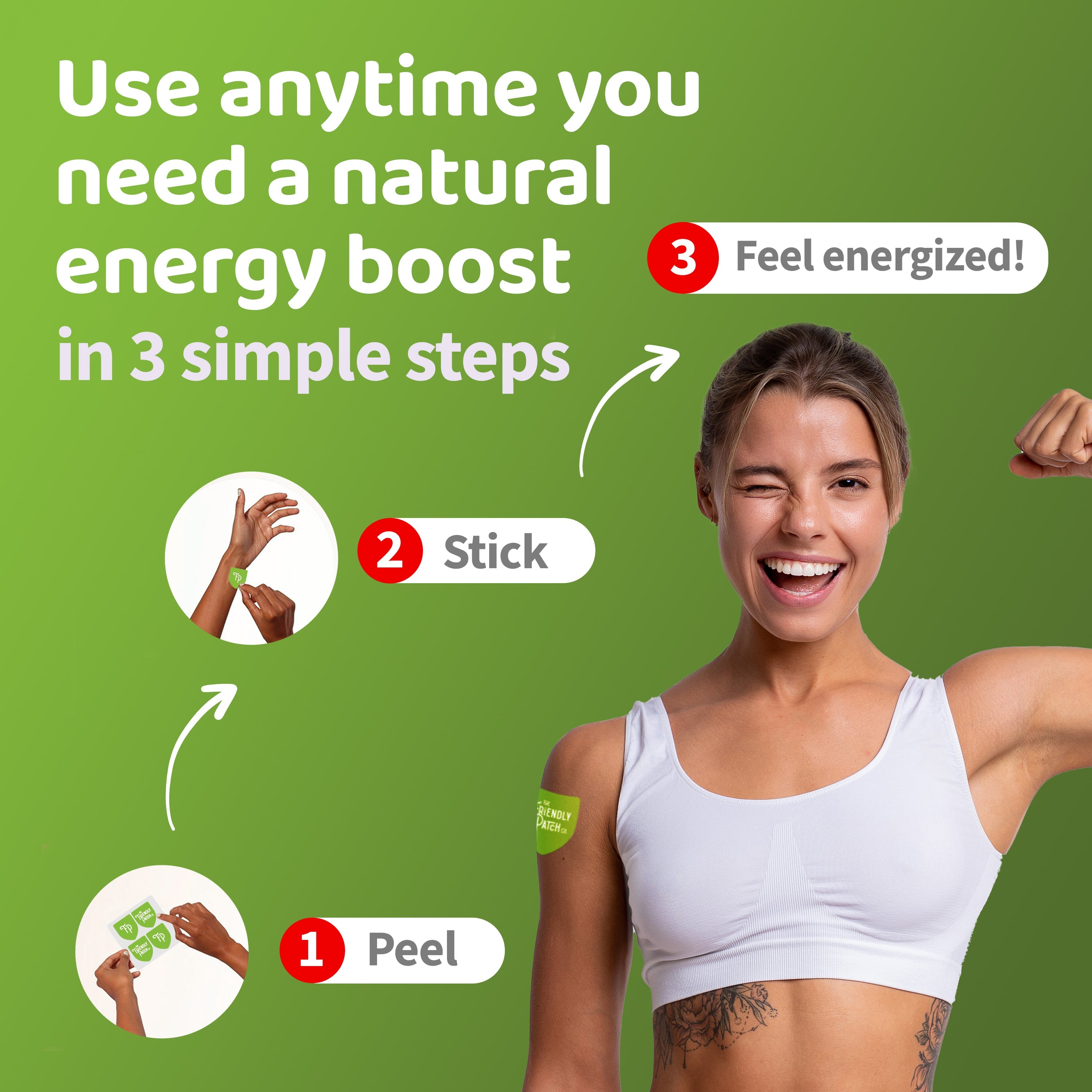Friendly Patch Co Boost Energy Patches with caffeine, guarana, and green tea, showing how wearable skin energy patches work.