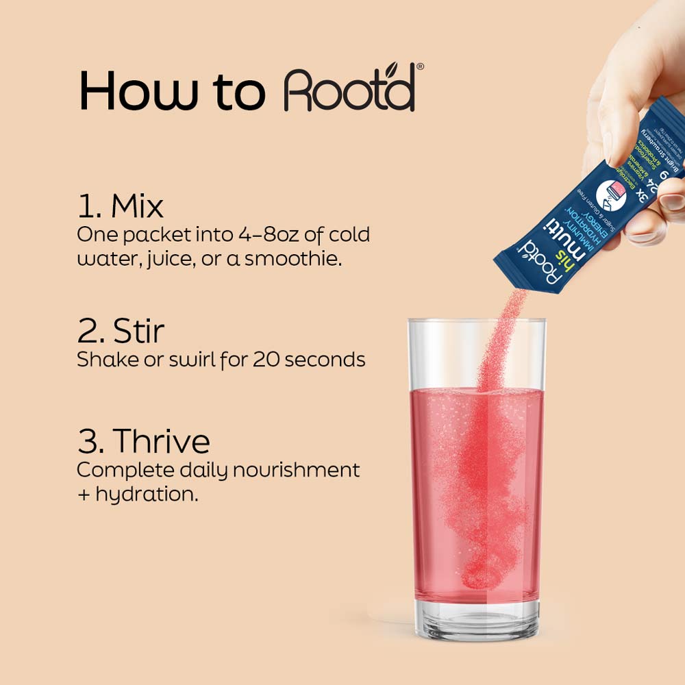 Root'd Advanced Daily Nutrition men's electrolytes supplement package with natural ingredients and clear label.