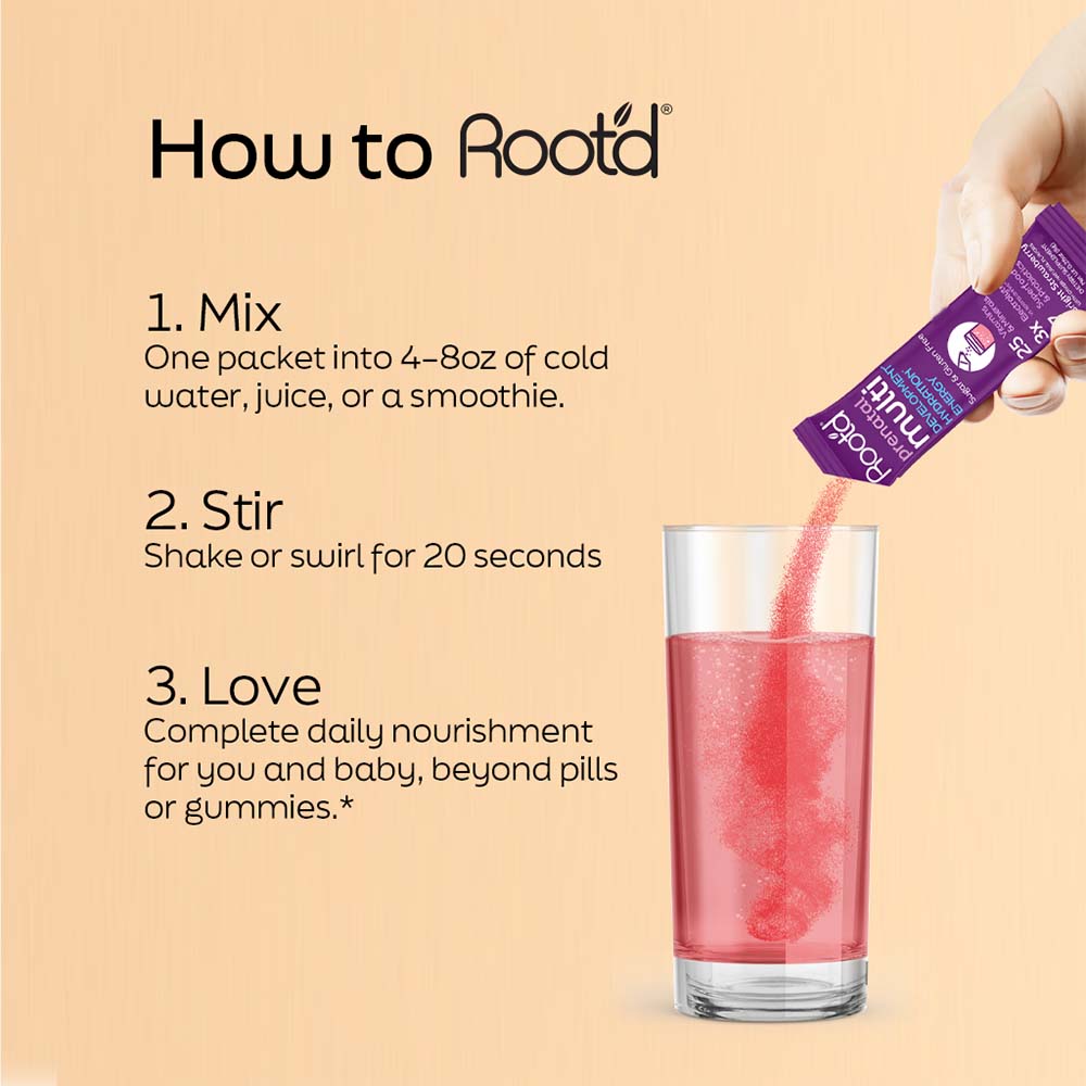 Root'd Essential Prenatal Nutrition and Electrolytes supplement bottle with label, designed for prenatal health and hydration.