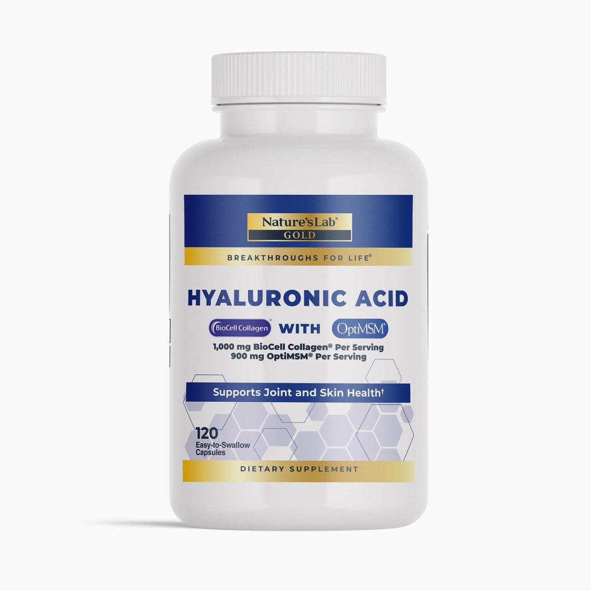 Nature's Lab Hyaluronic Acid with BioCell Collagen and OptiMSM capsules, shown in a bottle with 120 capsules.