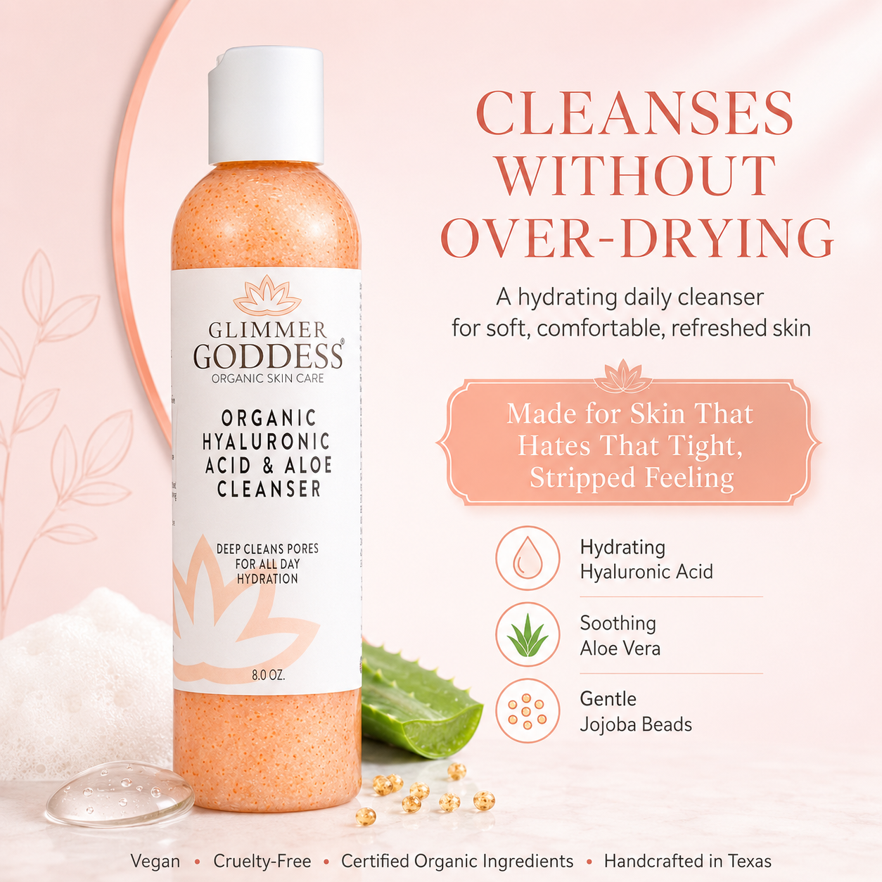 Organic Hydrating Facial Cleanser with Exfoliating Jojoba Beads – 8 oz