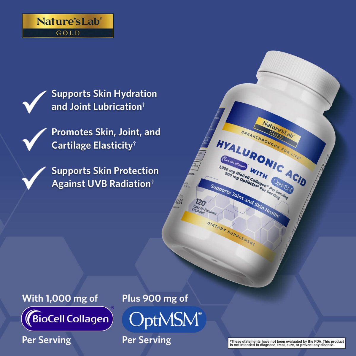 Nature's Lab Hyaluronic Acid with BioCell Collagen and OptiMSM capsules, supplement for skin hydration and joint health.