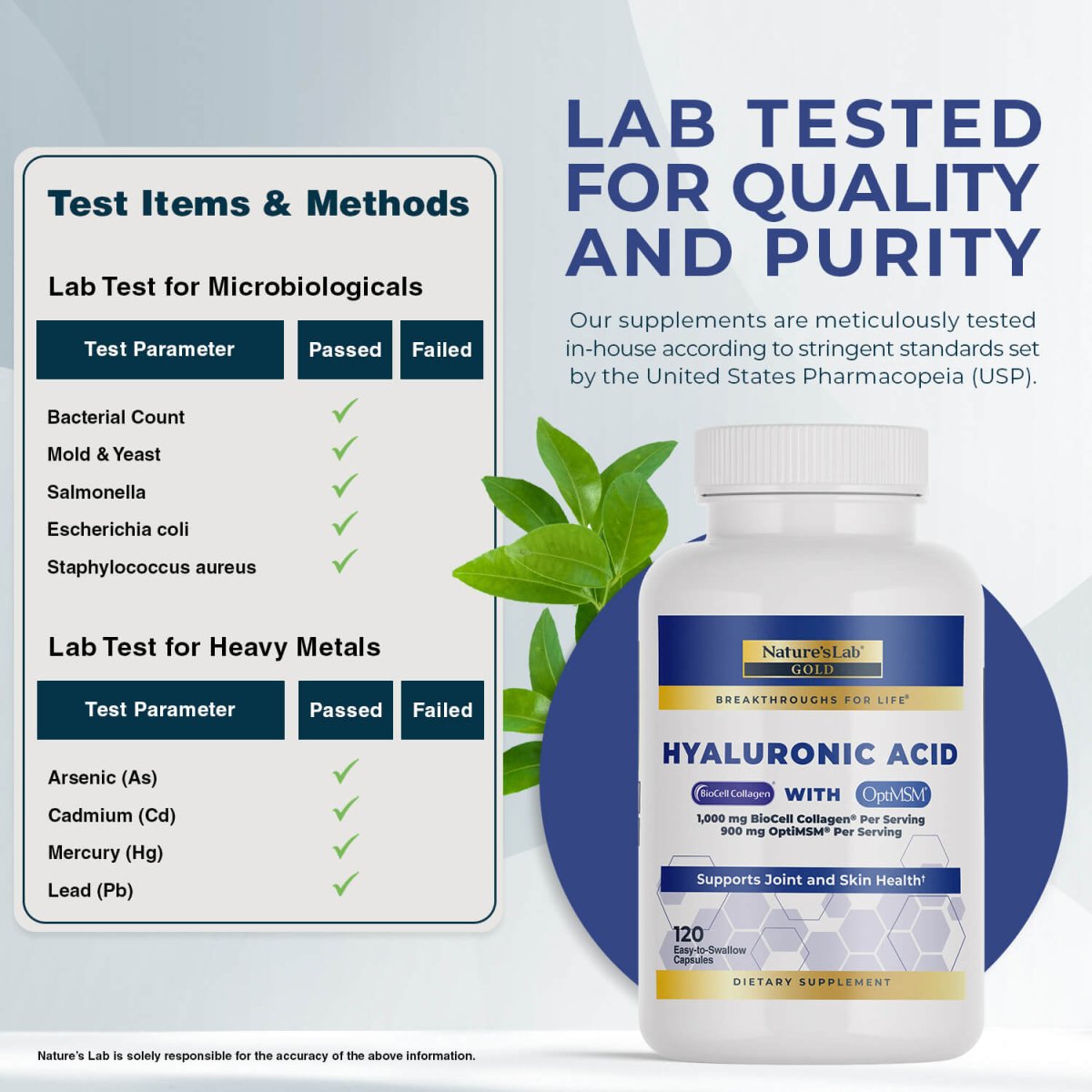 Nature's Lab Hyaluronic Acid supplement with BioCell Collagen and OptiMSM in a bottle of 120 capsules.