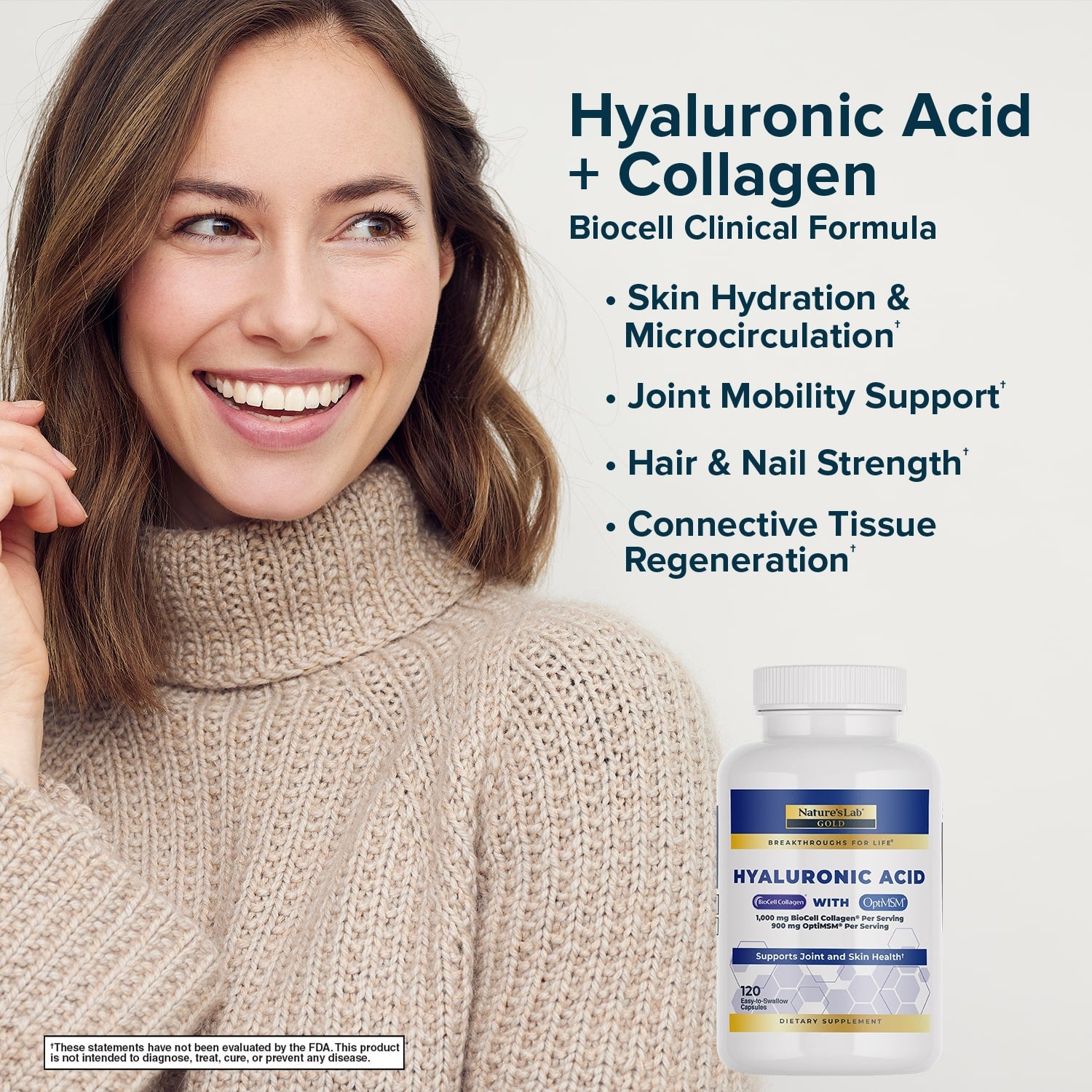 Nature's Lab Hyaluronic Acid supplement capsules with BioCell Collagen® and OptiMSM® for skin hydration and joint health.