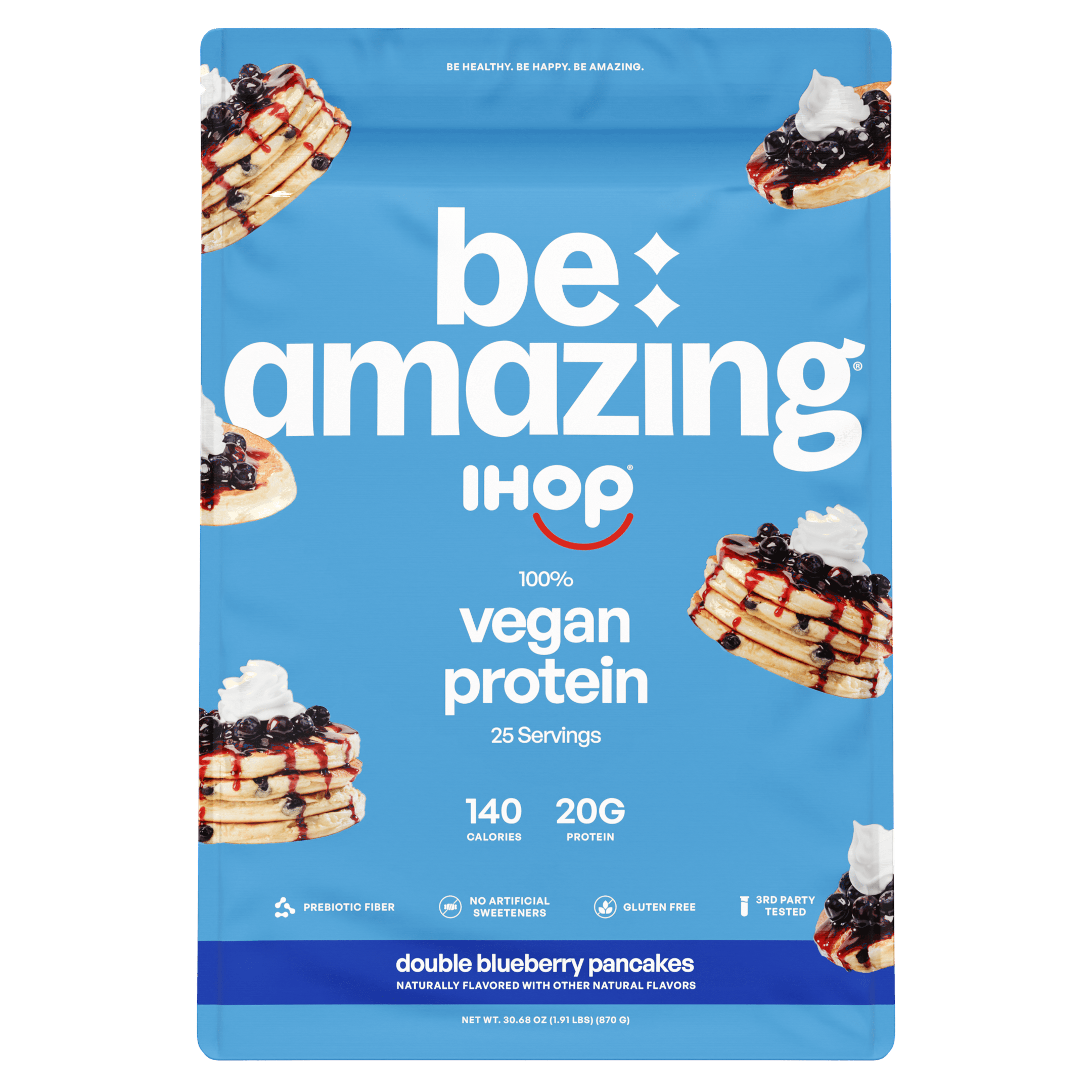 Vegan protein powder by Be Amazing with blueberry flavor, shown in a clear container with blueberries around it.
