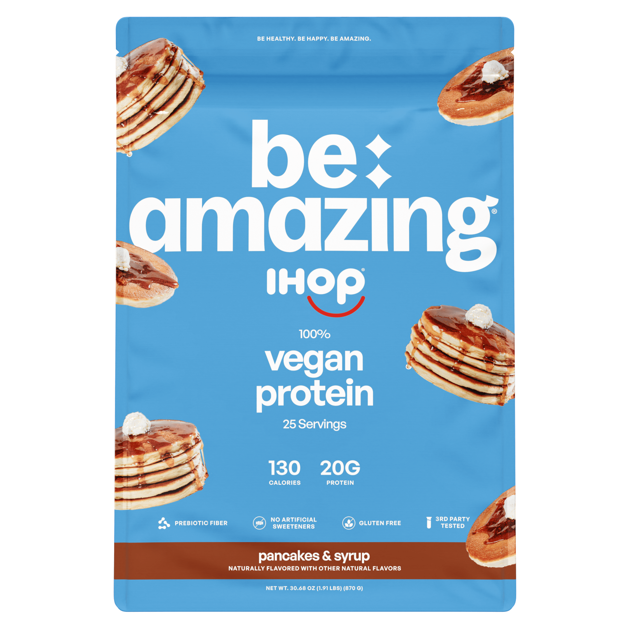 Vegan protein powder by Be Amazing with IHOP pancakes and syrup in the background, showcasing a plant-based protein supplement.