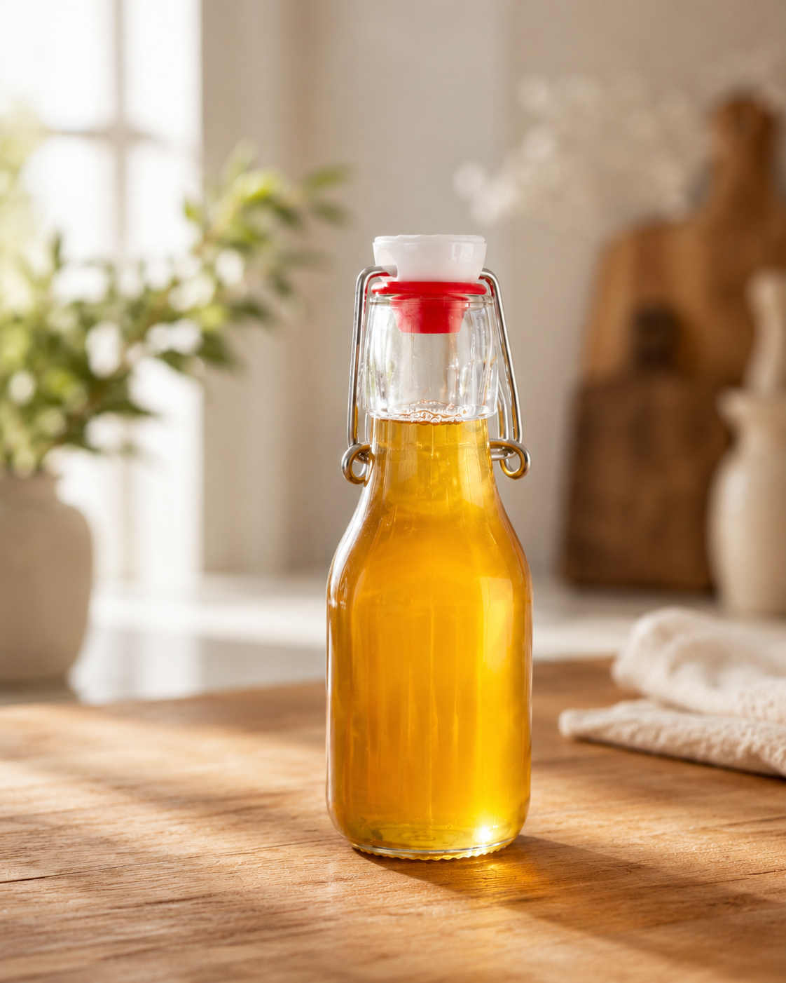 Glass bottle of Inspira Homestead Sourwood Honey with a flip-top lid on a wooden surface, with a blurred background of a cozy kitchen.