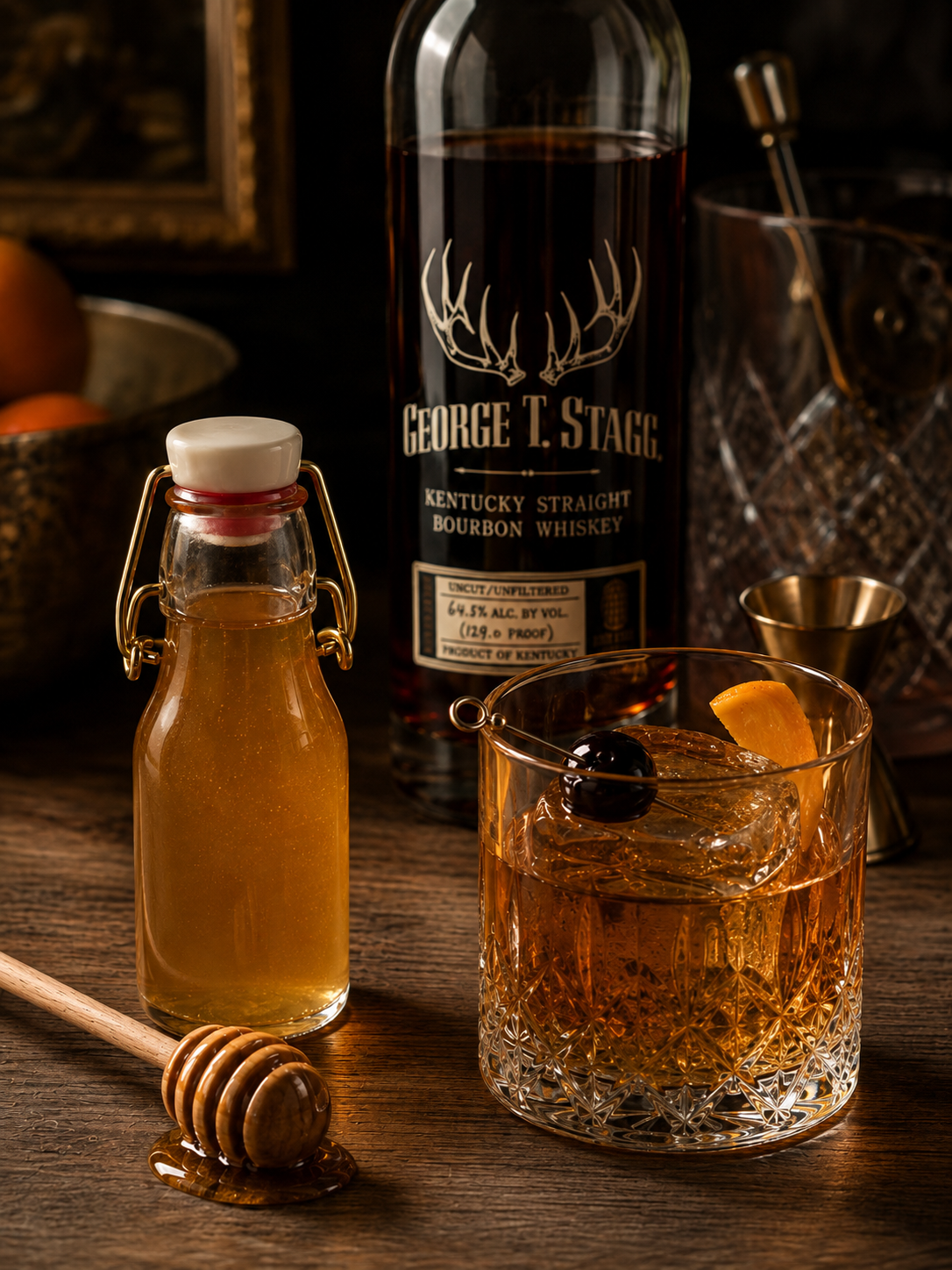 Sourwood honey jar with honey dipper, whiskey glass with ice and lemon, bourbon whiskey bottle, and honey bottle on wooden surface.