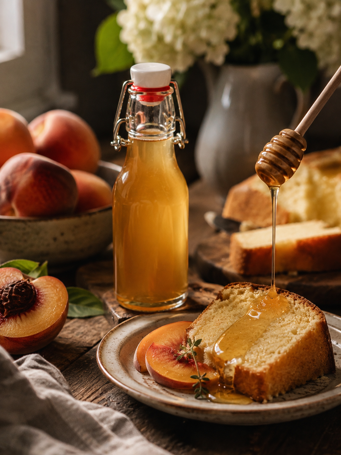 Bottle of Sourwood Honey with honey dipper drizzling honey onto a slice of bread, peaches, and a bowl of peaches in the background.
