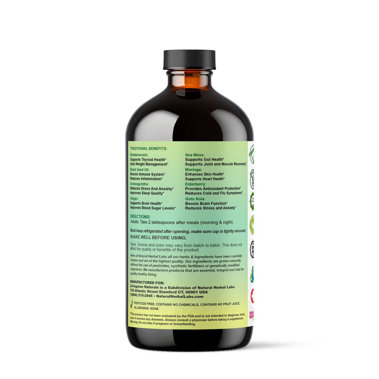 Vegan supplement bottle of Sea Moss Supreme by VeggieVerve, featuring black seed, elderberry, and adaptogen blend, with supplement capsules.