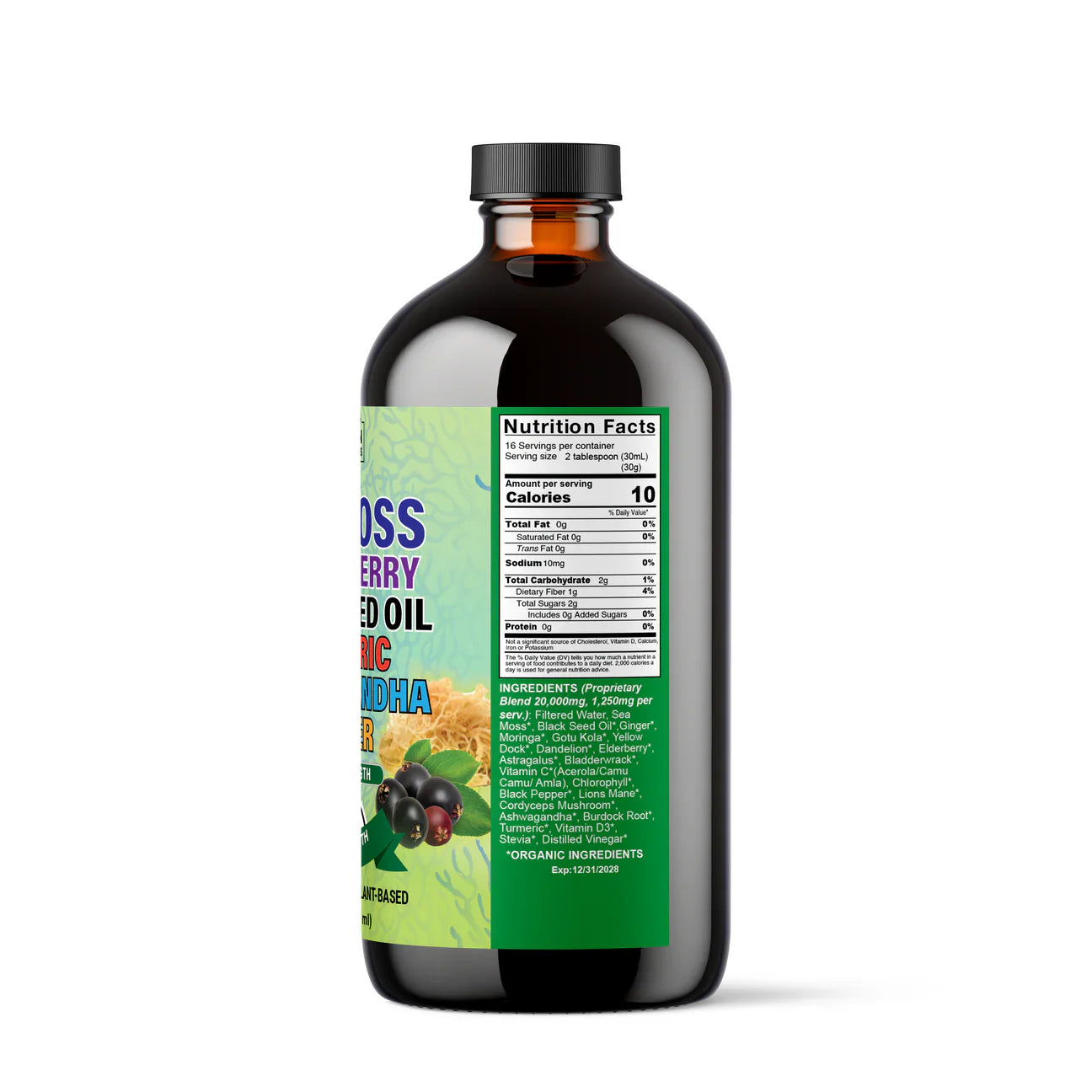 Vegan supplement bottle of Sea Moss Supreme by VeggieVerve, featuring black seed, elderberry, and adaptogen blend on the label.
