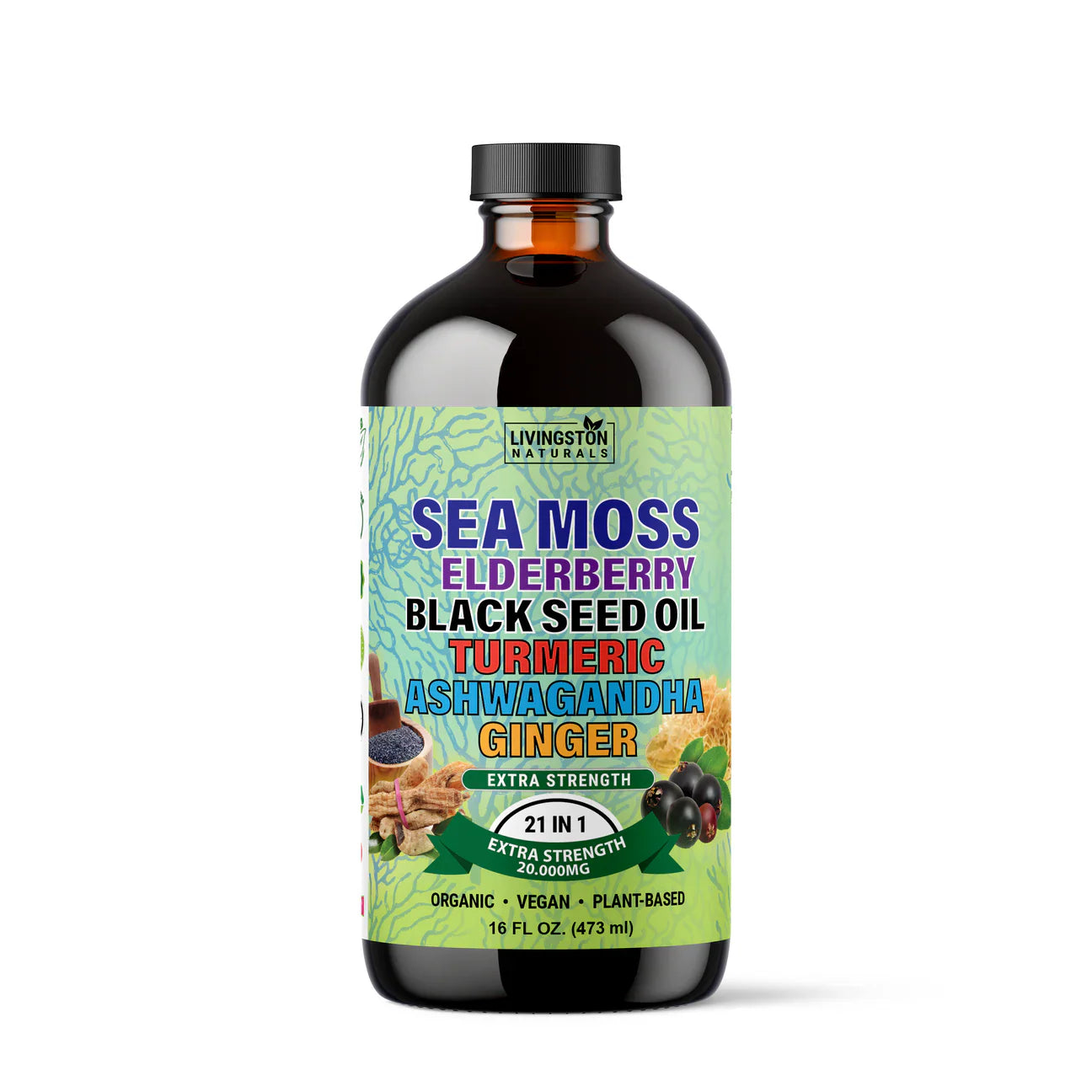 Vegan supplement container of Sea Moss Supreme with black seed, elderberry, and adaptogens by VeggieVerve, showing the product label.