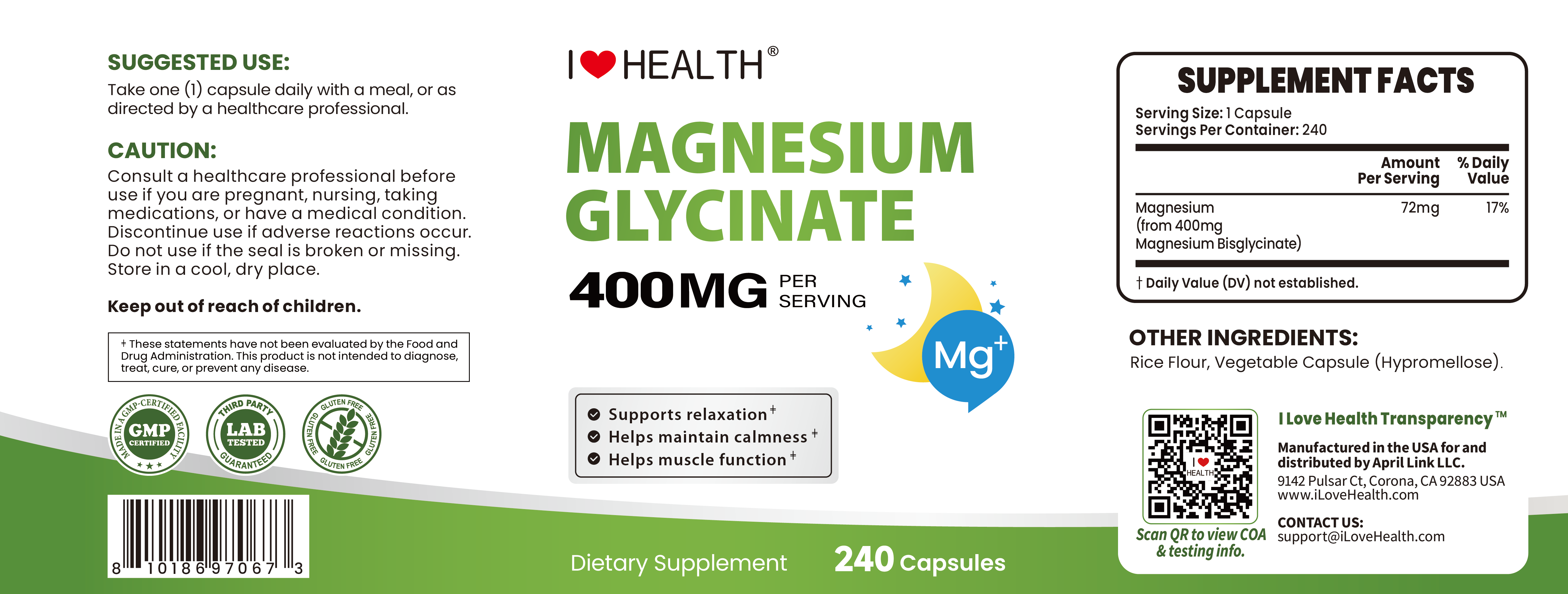 High absorption Magnesium Glycinate capsules in a bottle, gentle on stomach, made in USA by I Love Health Store.