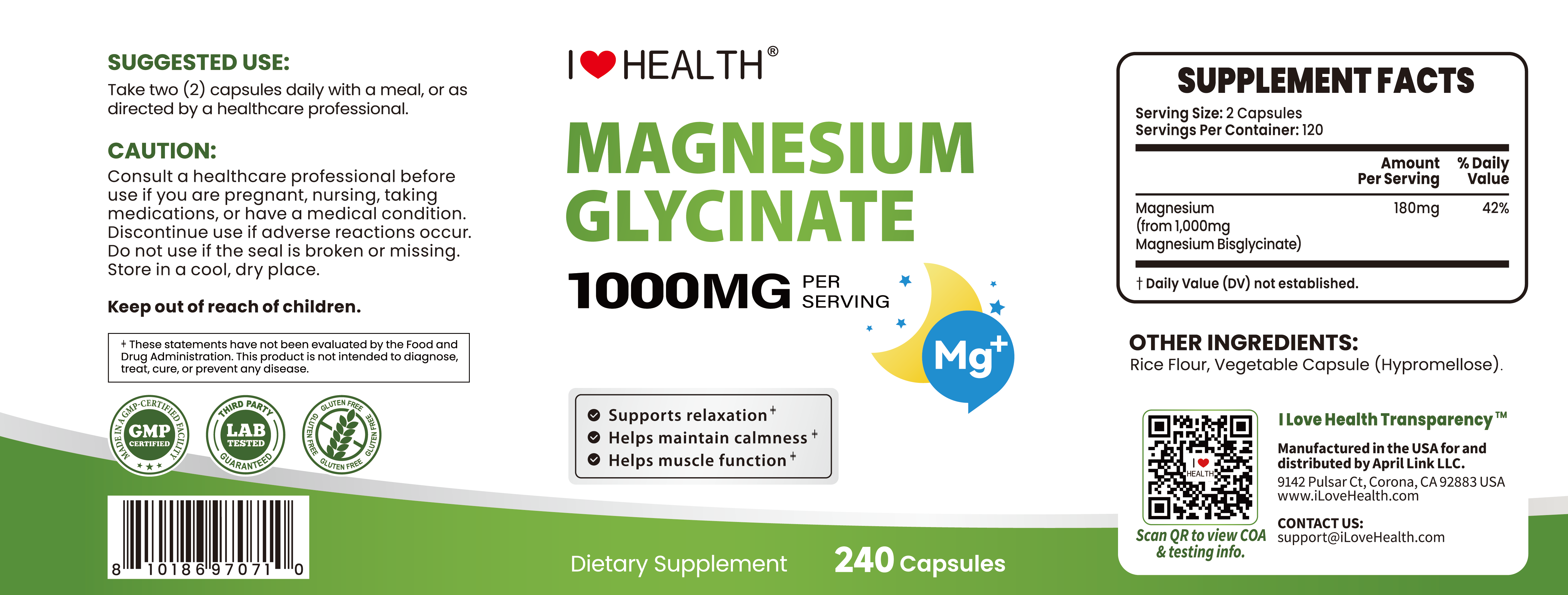 Bottle of I Love Health Store Magnesium Glycinate 240 capsules, high absorption magnesium supplement, gentle on stomach.