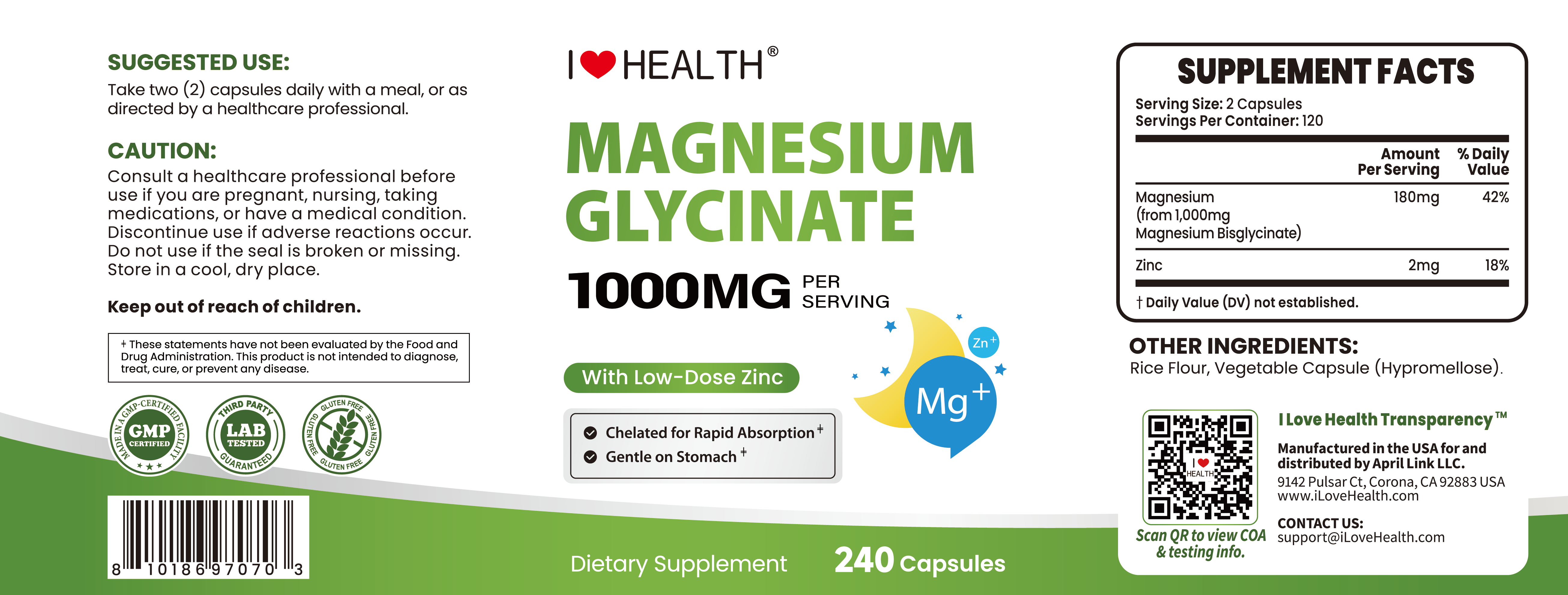 Bottle of I Love Health Store Magnesium Glycinate capsules, high absorption magnesium supplement, gentle on stomach, made in USA.