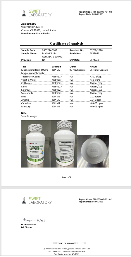Bottle of I Love Health Store Magnesium Glycinate capsules, high absorption supplement designed for gentle stomach comfort.