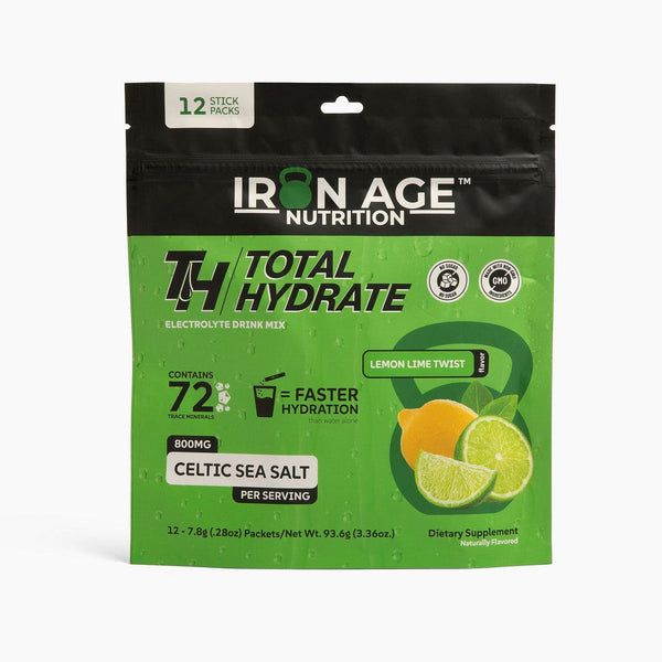 Iron Age Nutrition Total Hydrate electrolyte powder in Lemon Lime Twist, showing the colorful powder in a scoop.