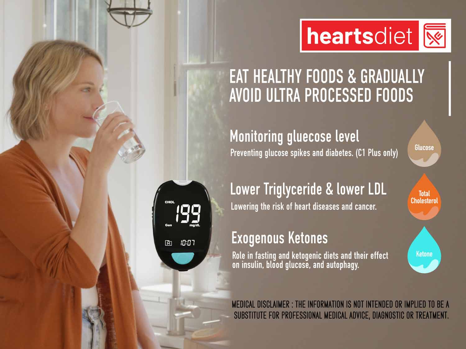 HeartsCare C1 Plus glucose and ketone meter testing kit with 50 ketone and 50 glucose test strips, featuring colorful strips and meter.
