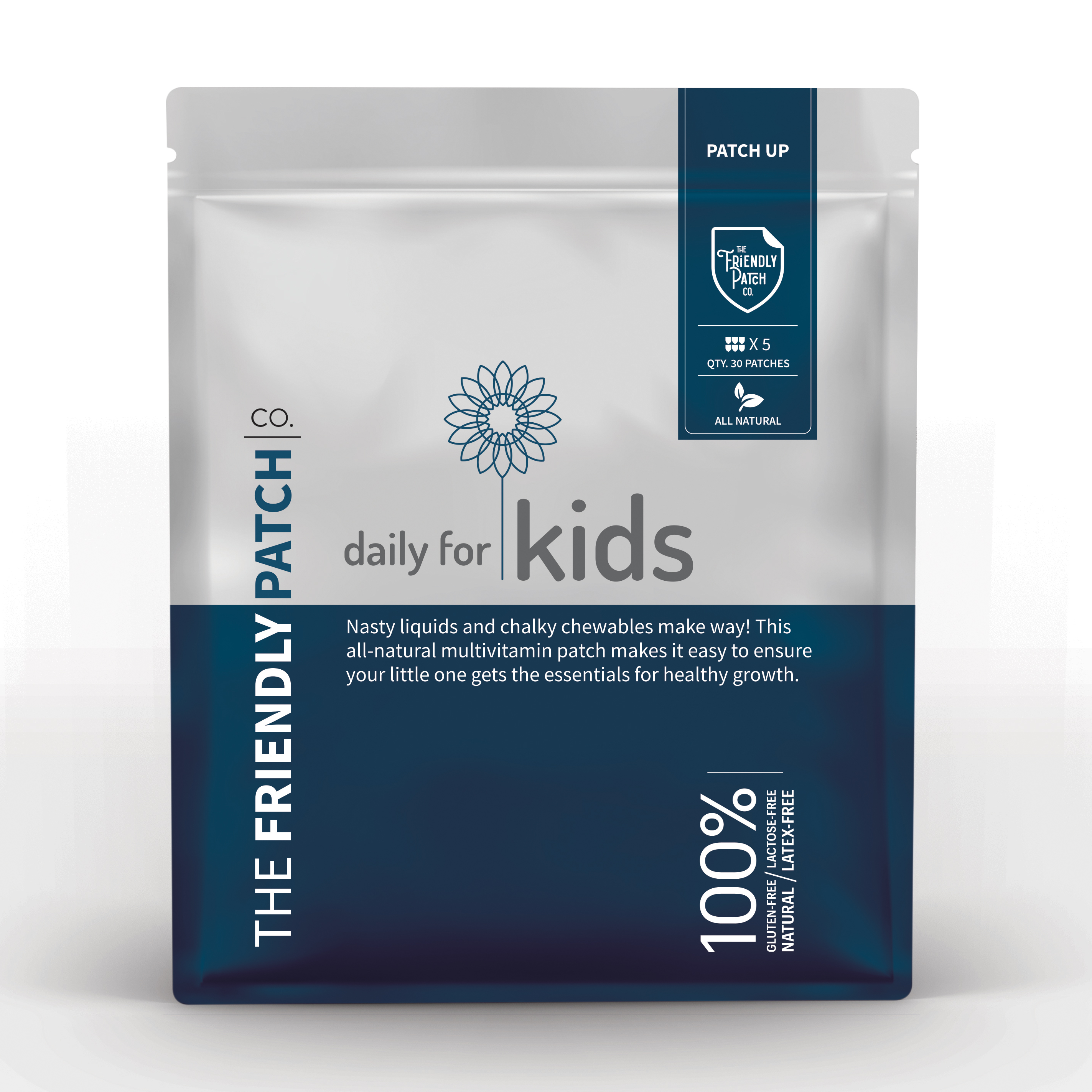 Kids vitamin patch by Friendly Patch Co, showing 28 colorful adhesive patches designed for children’s nutritional support.