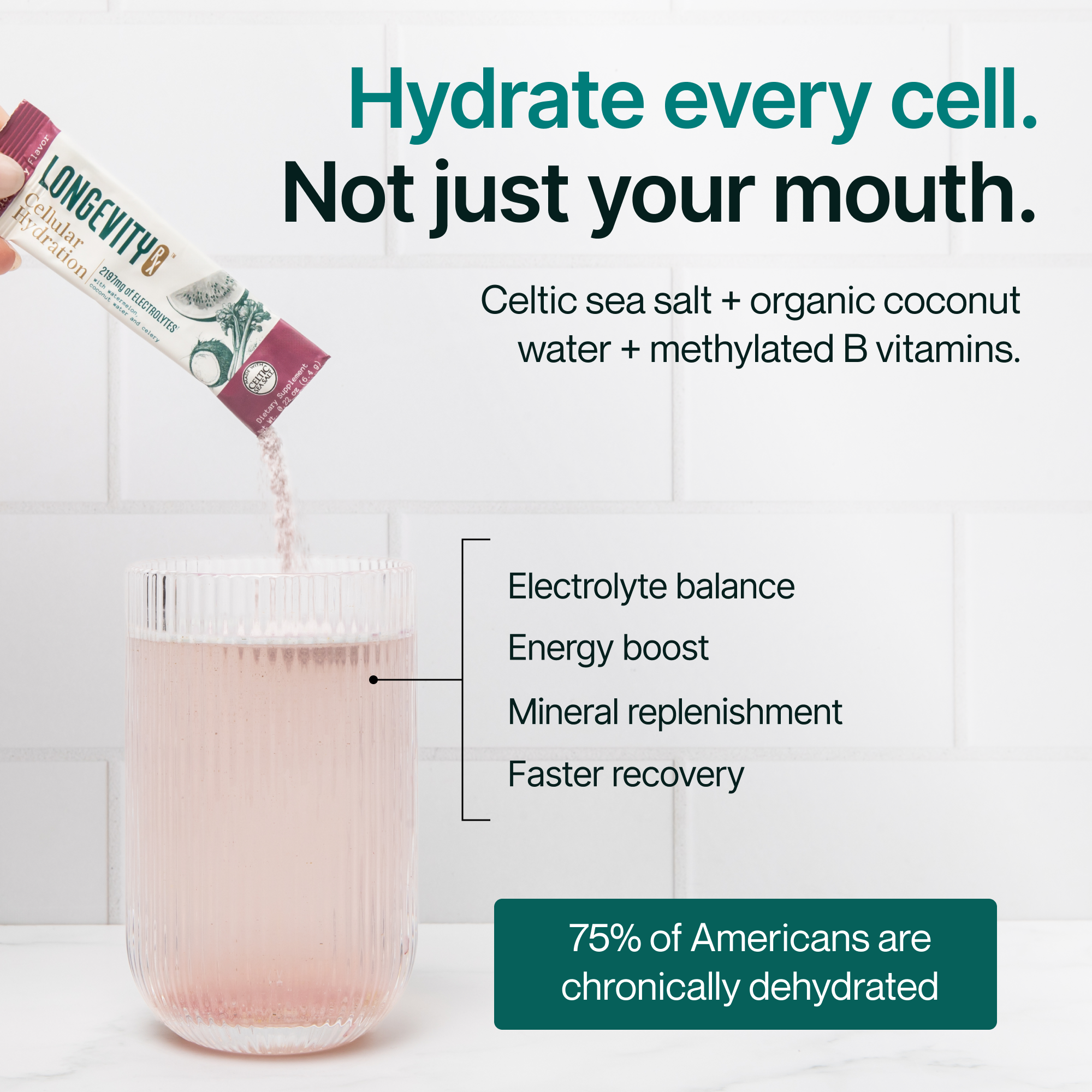 Cellular Hydration supplement bottle from Longevity Rx, showcasing the product label and packaging for hydration support.