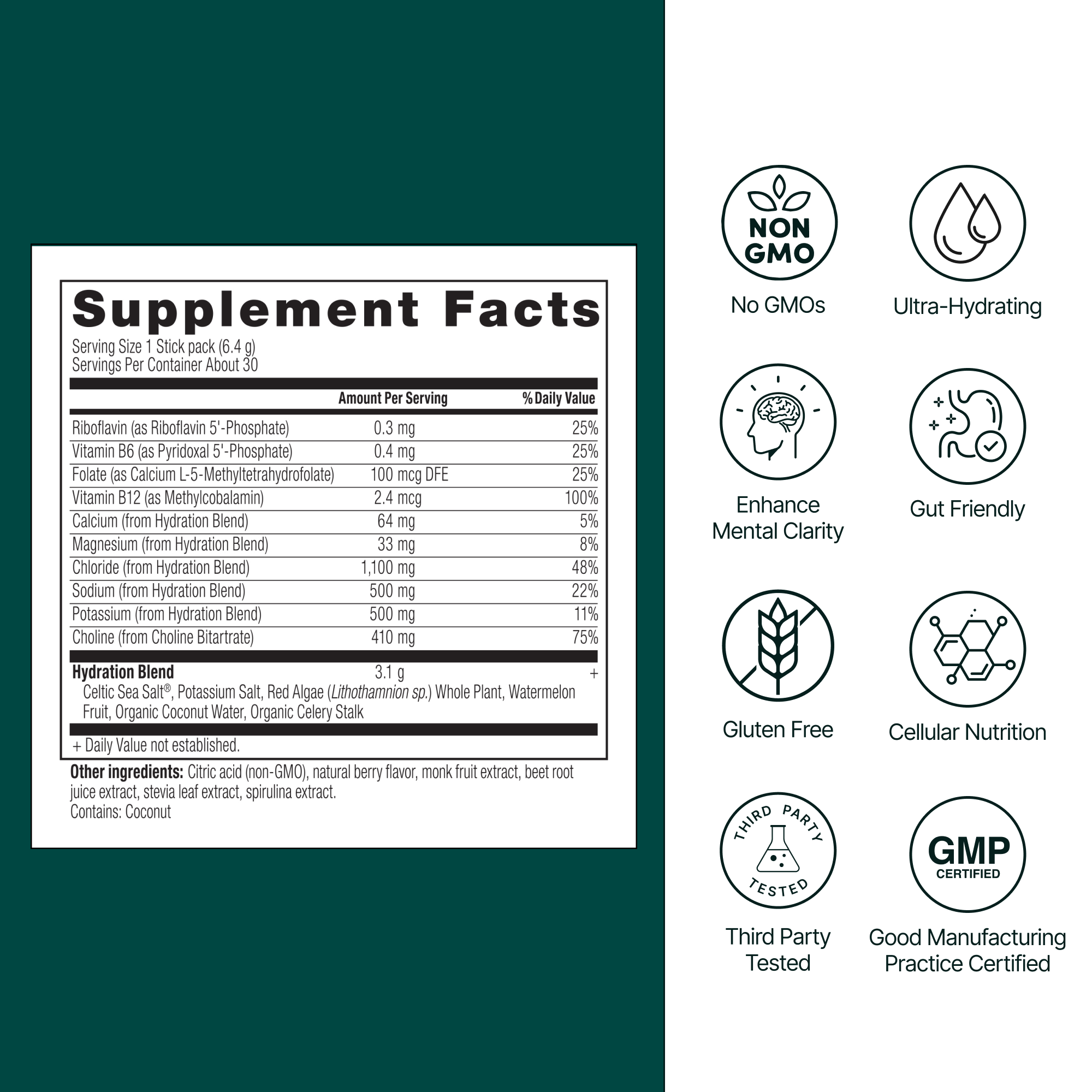 Cellular Hydration supplement facts label by Longevity Rx, showing ingredients and nutritional information for hydration support