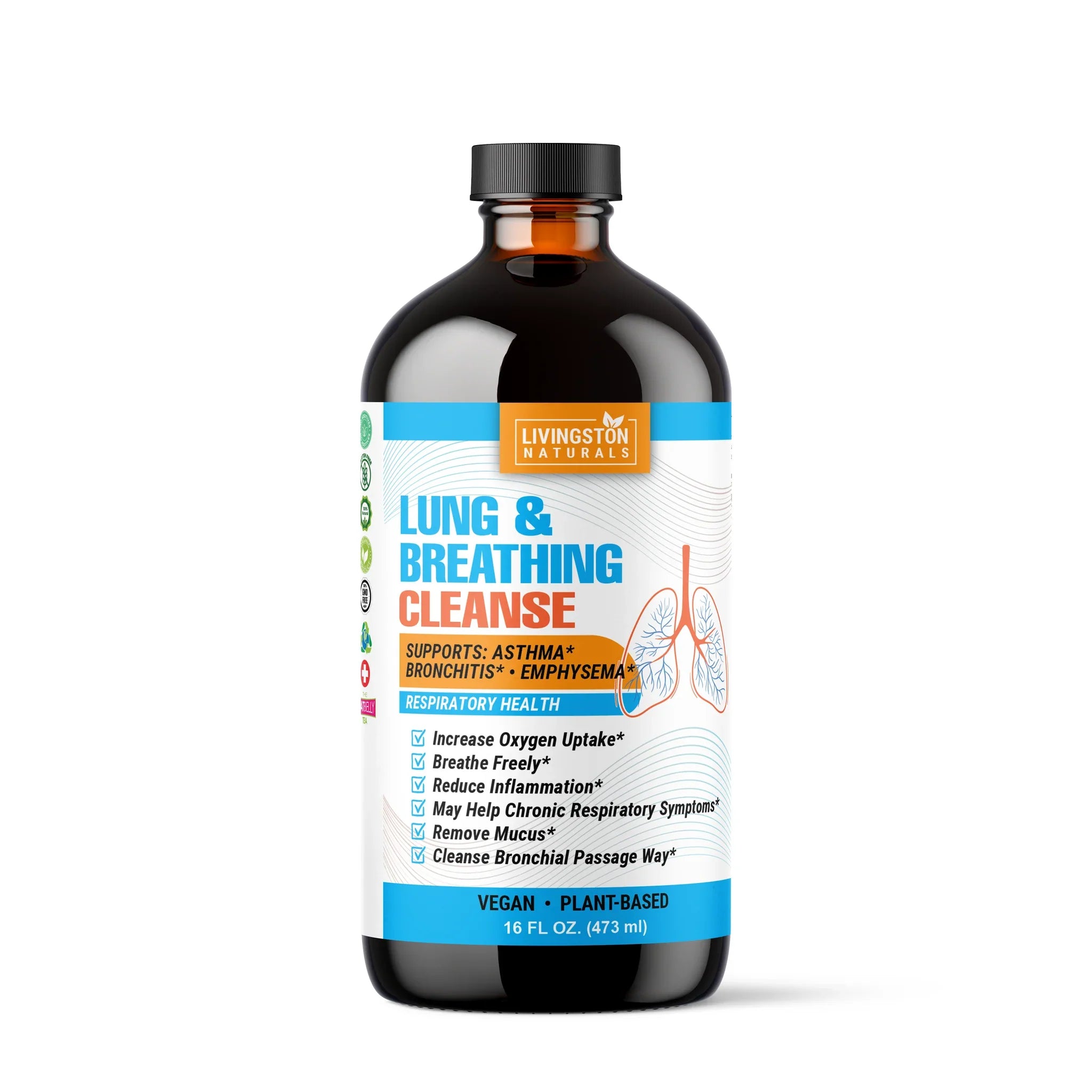 Vegan herbal respiratory support tonic bottle labeled Lung & Breathing Cleanse by VeggieVerve, featuring organic ingredients on white background.